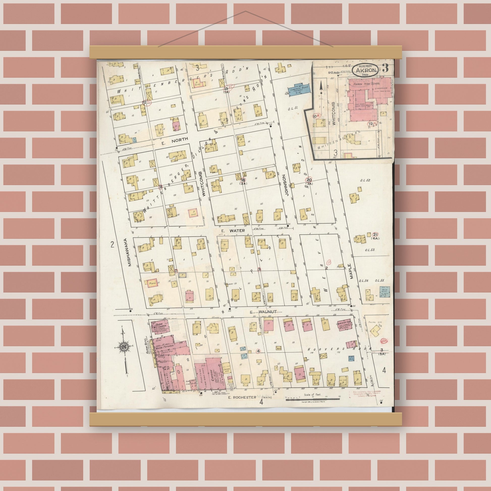 Old map wall art mockup — magnetic wood frame on brick wall — Sanborn Fire Insurance Map from Akron, Fulton County, Indiana (1932), Sheet #0003