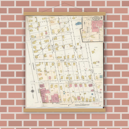 Old map wall art mockup — magnetic wood frame on brick wall — Sanborn Fire Insurance Map from Akron, Fulton County, Indiana (1932), Sheet #0003