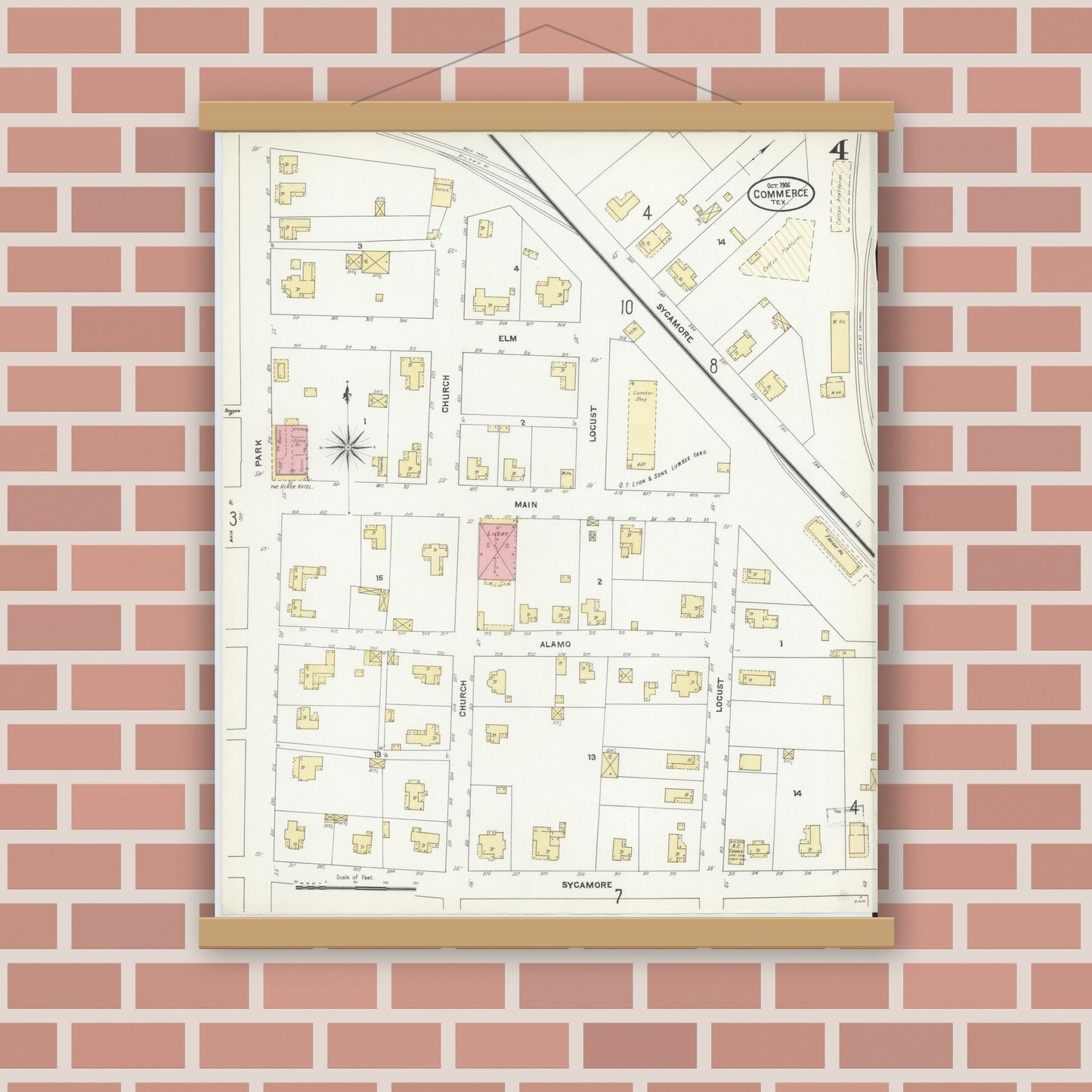 Old map wall art mockup — magnetic wood frame on brick wall — Sanborn Fire Insurance Map from Commerce, Hunt County, Texas (1906), Sheet #0004