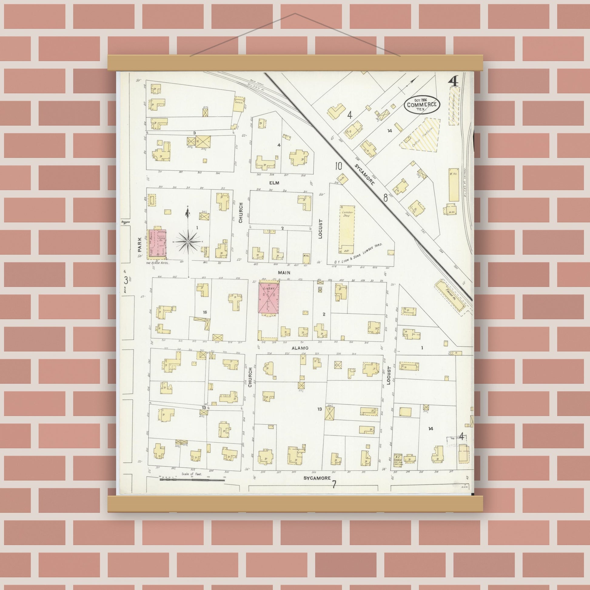 Old map wall art mockup — magnetic wood frame on brick wall — Sanborn Fire Insurance Map from Commerce, Hunt County, Texas (1906), Sheet #0004
