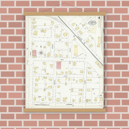 Old map wall art mockup — magnetic wood frame on brick wall — Sanborn Fire Insurance Map from Commerce, Hunt County, Texas (1906), Sheet #0004