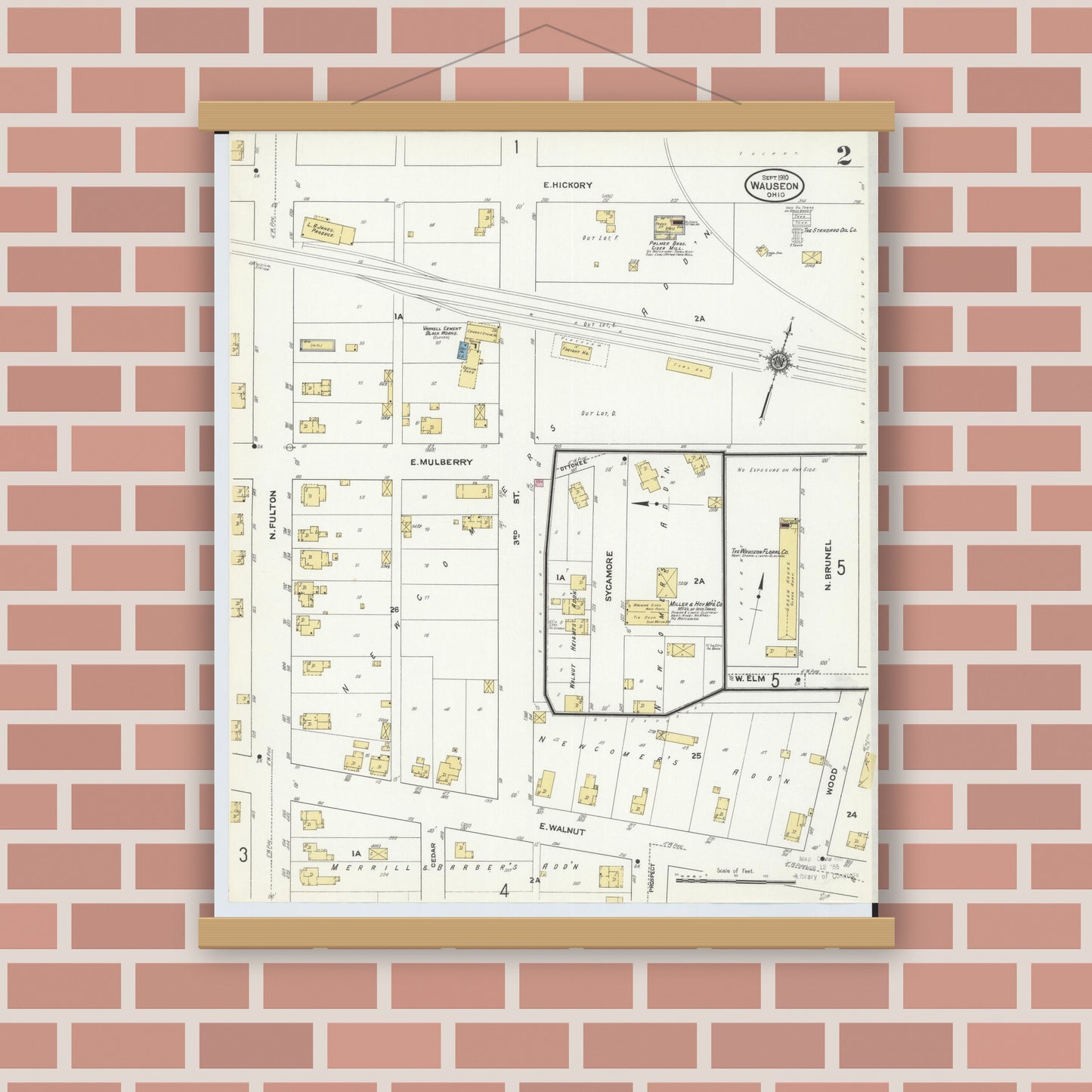Old map wall art mockup — magnetic wood frame on brick wall — Sanborn Fire Insurance Map from Wauseon, Fulton County, Ohio (1910), Sheet #0002