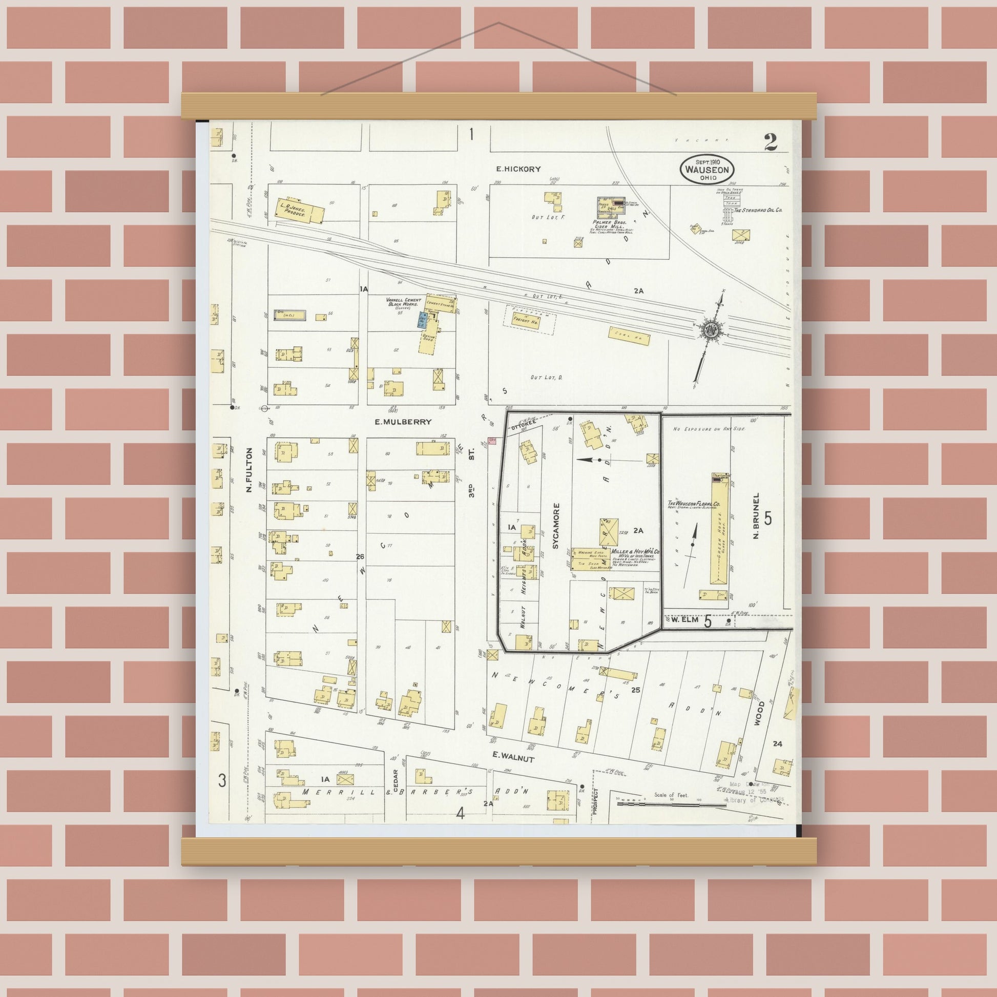 Old map wall art mockup — magnetic wood frame on brick wall — Sanborn Fire Insurance Map from Wauseon, Fulton County, Ohio (1910), Sheet #0002