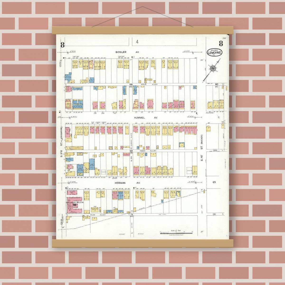 Old map wall art mockup — magnetic wood frame on brick wall — Sanborn Fire Insurance Map from Lemoyne, Cumberland County, Pennsylvania (1923), Sheet #0008