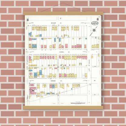 Old map wall art mockup — magnetic wood frame on brick wall — Sanborn Fire Insurance Map from Lemoyne, Cumberland County, Pennsylvania (1923), Sheet #0008