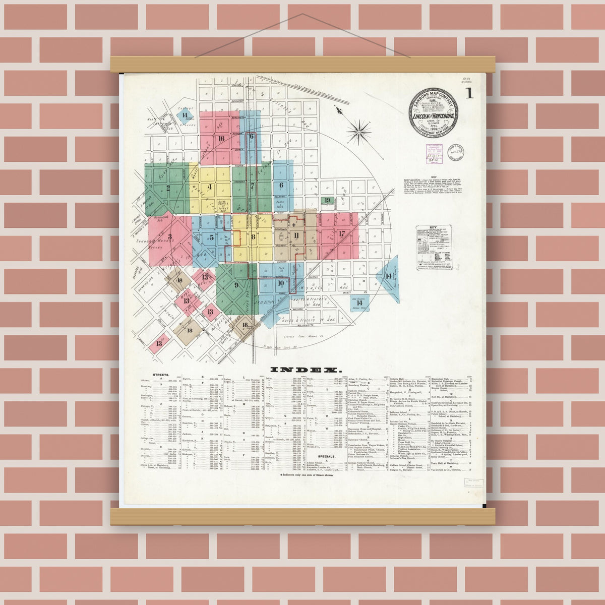 Old map wall art mockup — magnetic wood frame on brick wall — Sanborn Fire Insurance Map from Lincoln, Logan County, Illinois (1902), Sheet #0001
