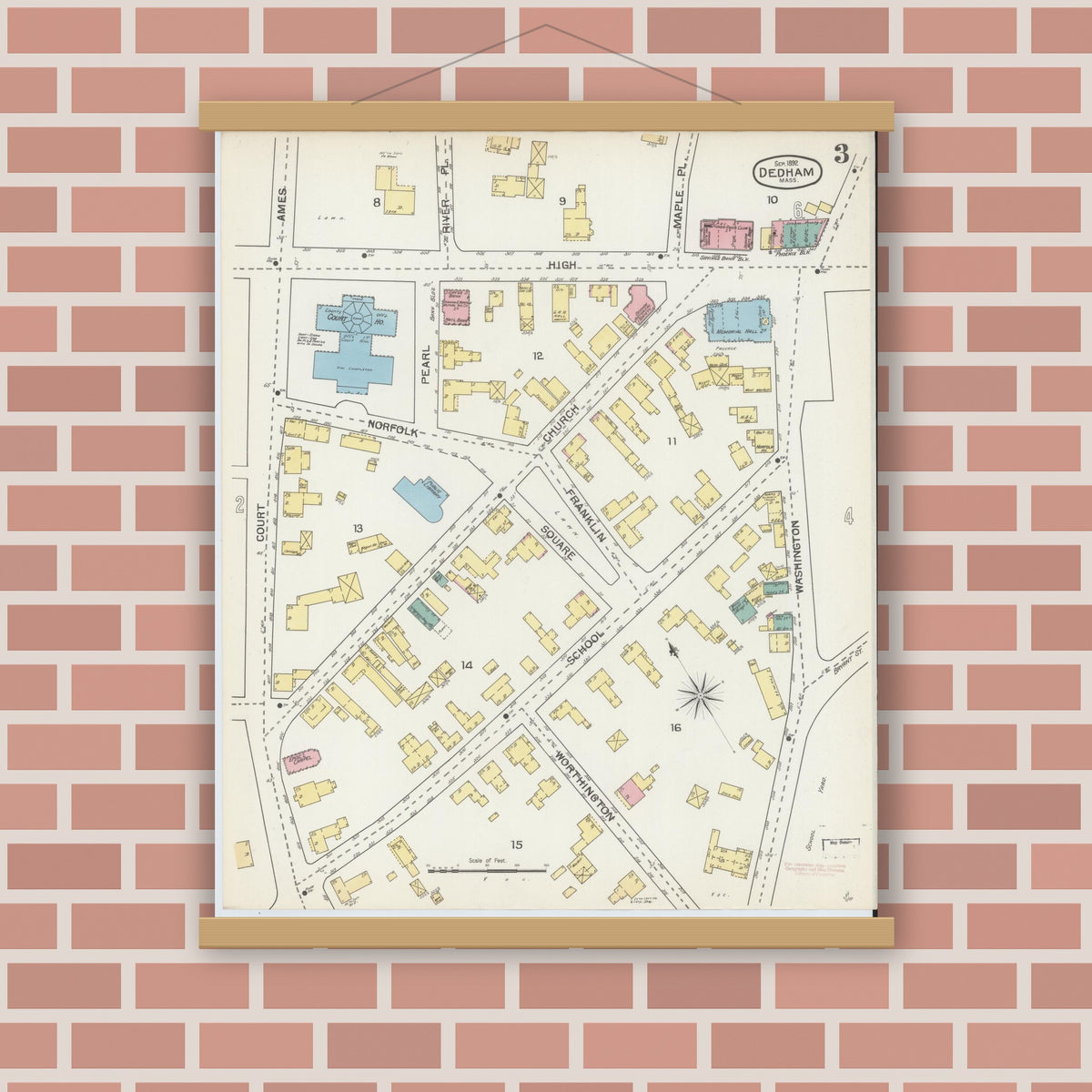 Old map wall art mockup — magnetic wood frame on brick wall — Sanborn Fire Insurance Map from Dedham, Norfolk County, Massachusetts (1892), Sheet #0003