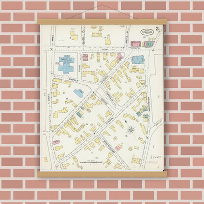 Old map wall art mockup — magnetic wood frame on brick wall — Sanborn Fire Insurance Map from Dedham, Norfolk County, Massachusetts (1892), Sheet #0003