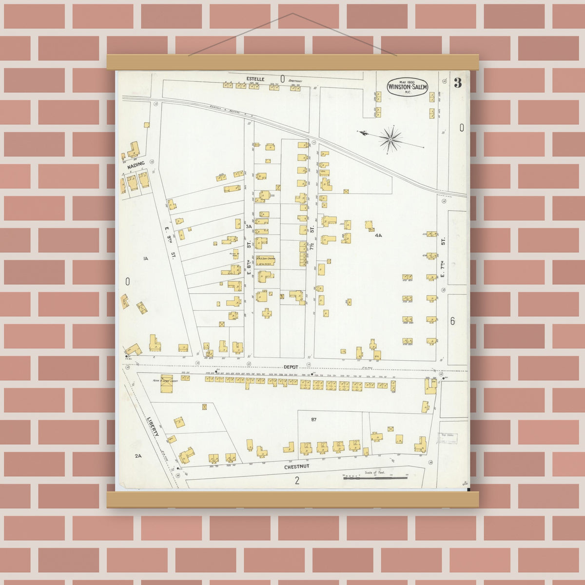 Old map wall art mockup — magnetic wood frame on brick wall — Sanborn Fire Insurance Map from Winston-Salem, Forsyth County, North Carolina (1900), Sheet #0003