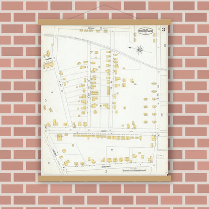 Old map wall art mockup — magnetic wood frame on brick wall — Sanborn Fire Insurance Map from Winston-Salem, Forsyth County, North Carolina (1900), Sheet #0003