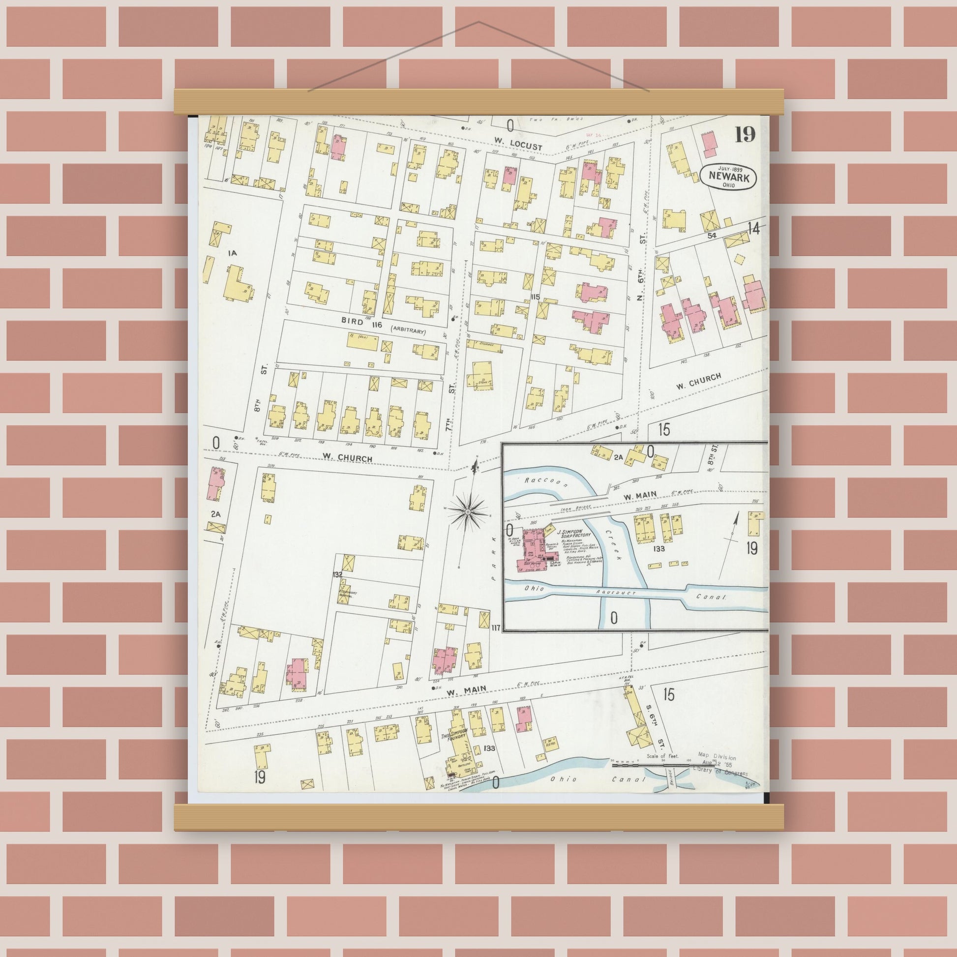 Old map wall art mockup — magnetic wood frame on brick wall — Sanborn Fire Insurance Map from Newark, Licking County, Ohio (1899), Sheet #0019