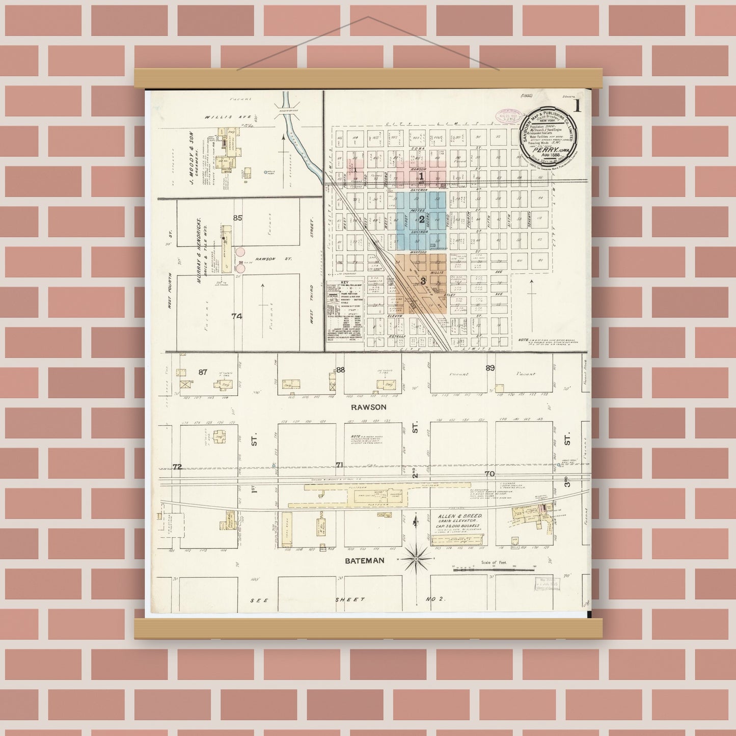 Old map wall art mockup — magnetic wood frame on brick wall — Sanborn Fire Insurance Map from Perry, Dallas County, Iowa (1888) â€” Complete Set