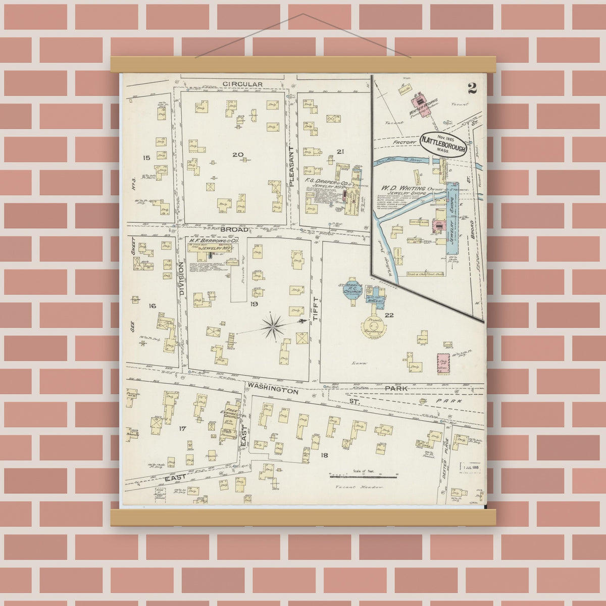 Old map wall art mockup — magnetic wood frame on brick wall — Sanborn Fire Insurance Map from North Attleborough, Bristol County, Massachusetts (1885), Sheet #0002