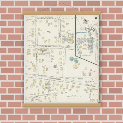 Old map wall art mockup — magnetic wood frame on brick wall — Sanborn Fire Insurance Map from North Attleborough, Bristol County, Massachusetts (1885), Sheet #0002