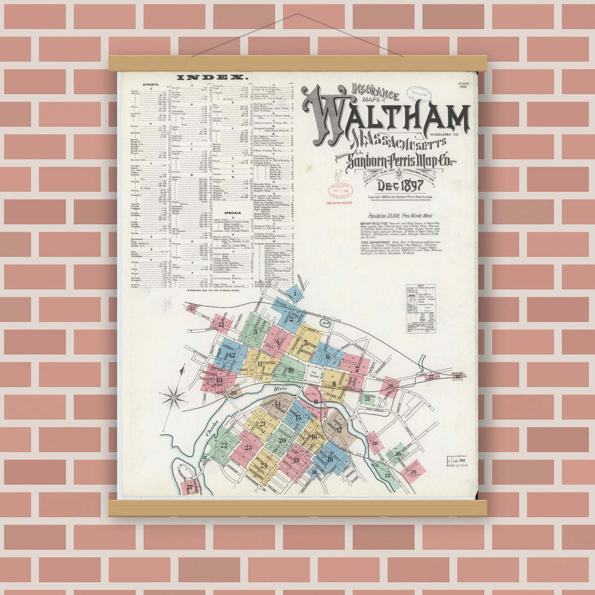 Old map wall art mockup — magnetic wood frame on brick wall — Sanborn Fire Insurance Map from Waltham, Middlesex County, Massachusetts (1897), Sheet #0001
