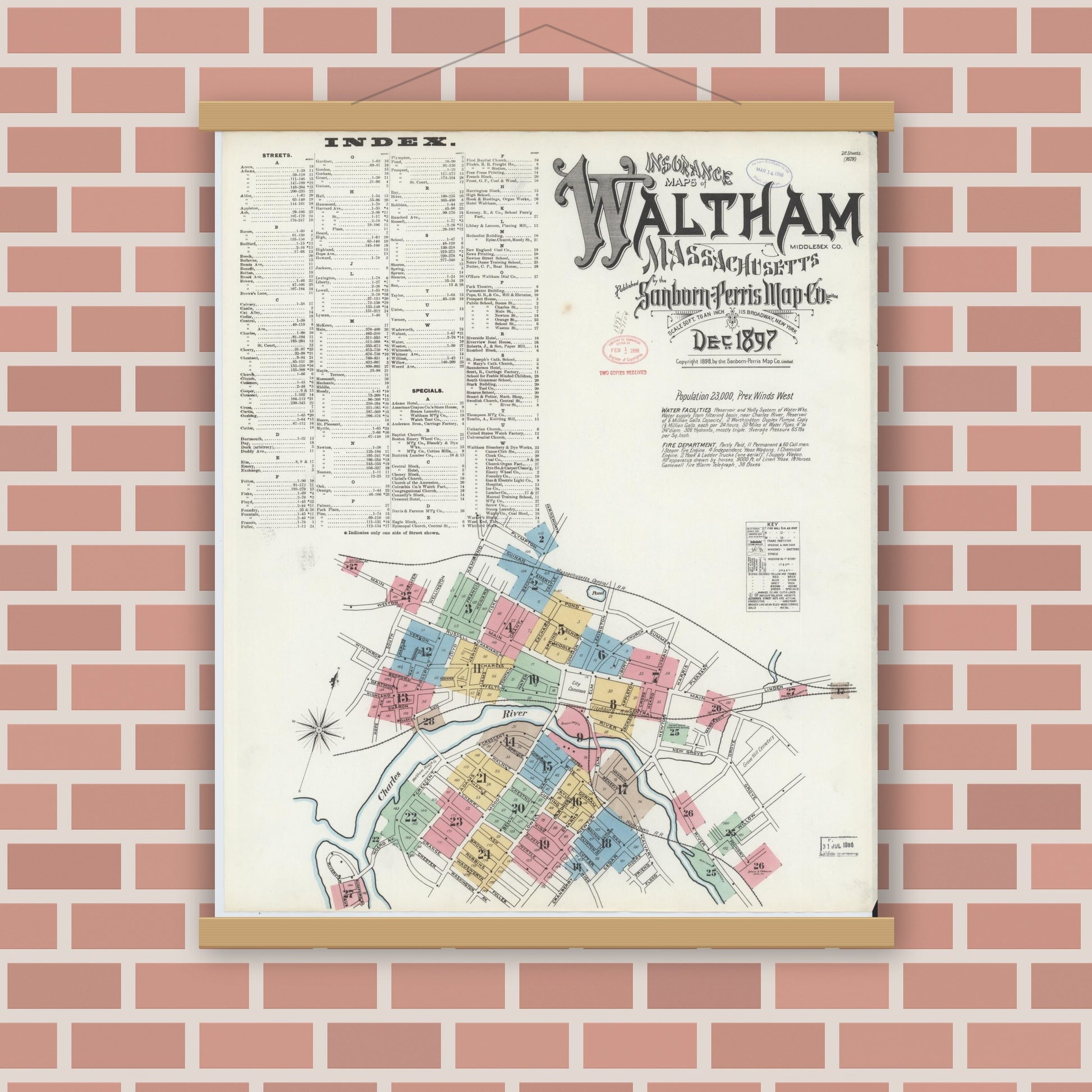 Old map wall art mockup — magnetic wood frame on brick wall — Sanborn Fire Insurance Map from Waltham, Middlesex County, Massachusetts (1897), Sheet #0001