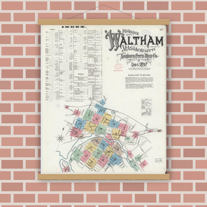 Old map wall art mockup — magnetic wood frame on brick wall — Sanborn Fire Insurance Map from Waltham, Middlesex County, Massachusetts (1897), Sheet #0001