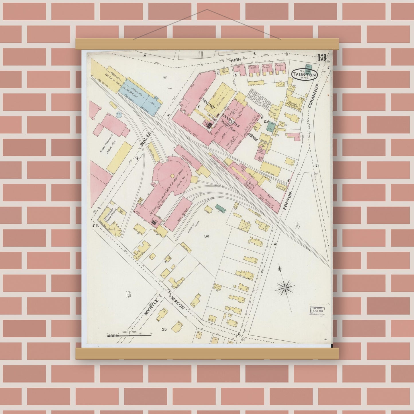 Old map wall art mockup — magnetic wood frame on brick wall — Sanborn Fire Insurance Map from Taunton, Bristol County, Massachusetts (1893), Sheet #0013