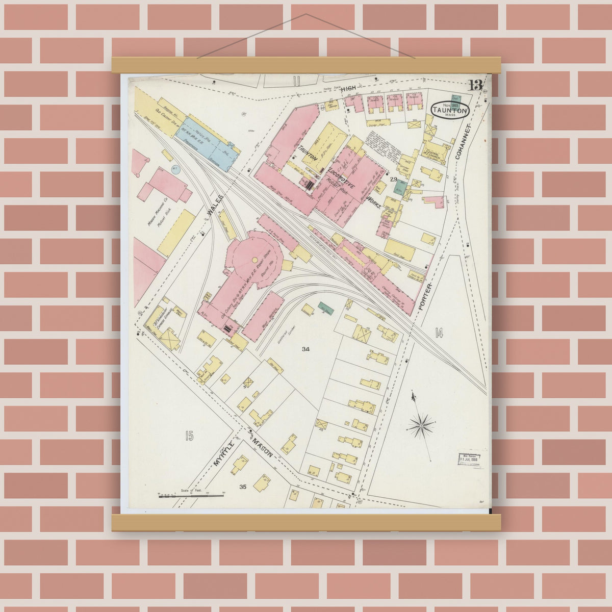 Old map wall art mockup — magnetic wood frame on brick wall — Sanborn Fire Insurance Map from Taunton, Bristol County, Massachusetts (1893), Sheet #0013