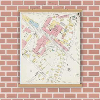 Old map wall art mockup — magnetic wood frame on brick wall — Sanborn Fire Insurance Map from Taunton, Bristol County, Massachusetts (1893), Sheet #0013