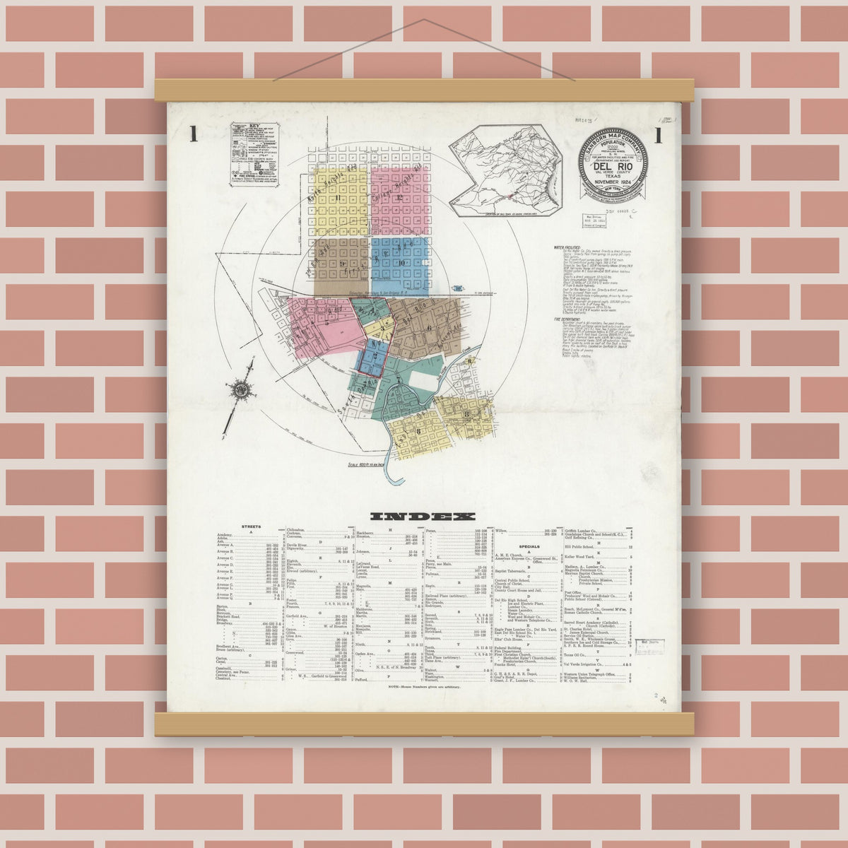Old map wall art mockup — magnetic wood frame on brick wall — Sanborn Fire Insurance Map from Del Rio, Val Verde County, Texas (1924) - Complete Map Set