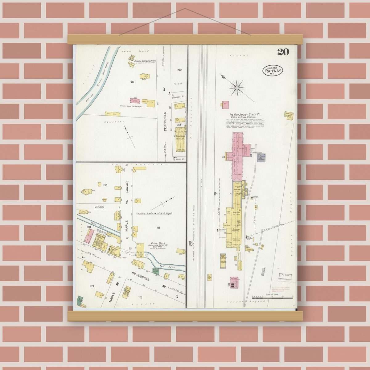 Old map wall art mockup — magnetic wood frame on brick wall — Sanborn Fire Insurance Map from Rahway, Union County, New Jersey (1908), Sheet #0020