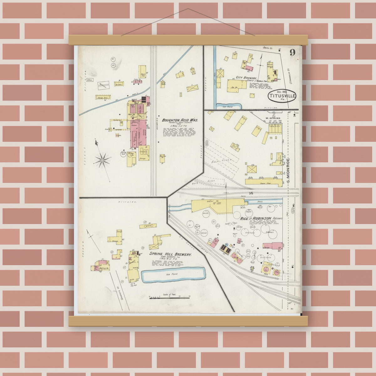 Old map wall art mockup — magnetic wood frame on brick wall — Sanborn Fire Insurance Map from Titusville, Crawford County, Pennsylvania (1893), Sheet #0009