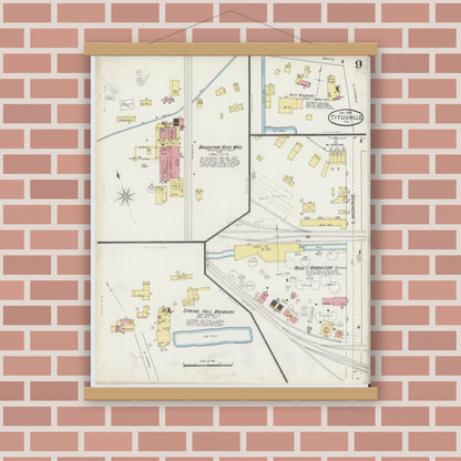 Old map wall art mockup — magnetic wood frame on brick wall — Sanborn Fire Insurance Map from Titusville, Crawford County, Pennsylvania (1893), Sheet #0009