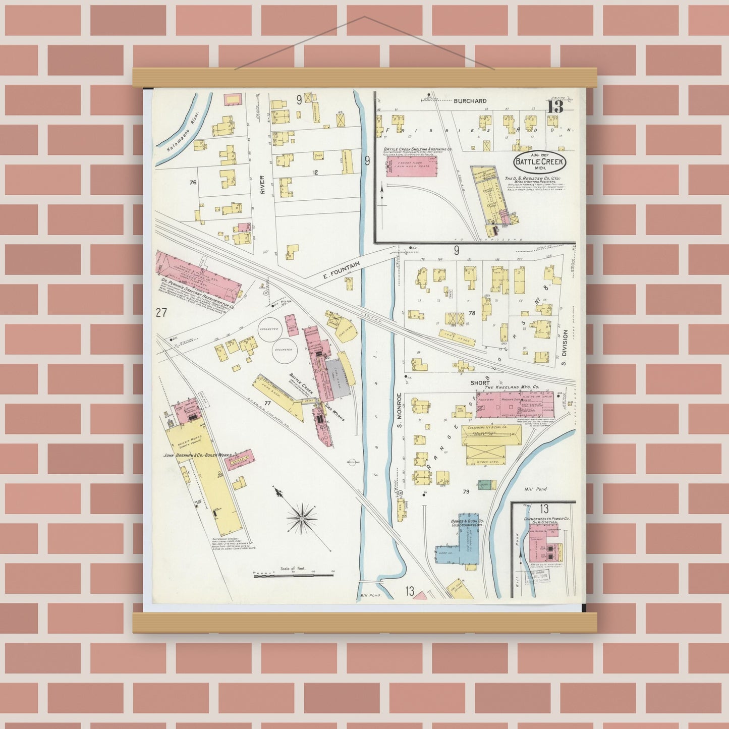 Old map wall art mockup — magnetic wood frame on brick wall — Sanborn Fire Insurance Map from Battle Creek, Calhoun County, Michigan (1907), Sheet #0013