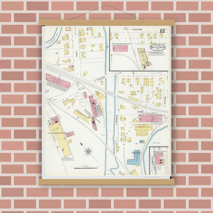 Old map wall art mockup — magnetic wood frame on brick wall — Sanborn Fire Insurance Map from Battle Creek, Calhoun County, Michigan (1907), Sheet #0013