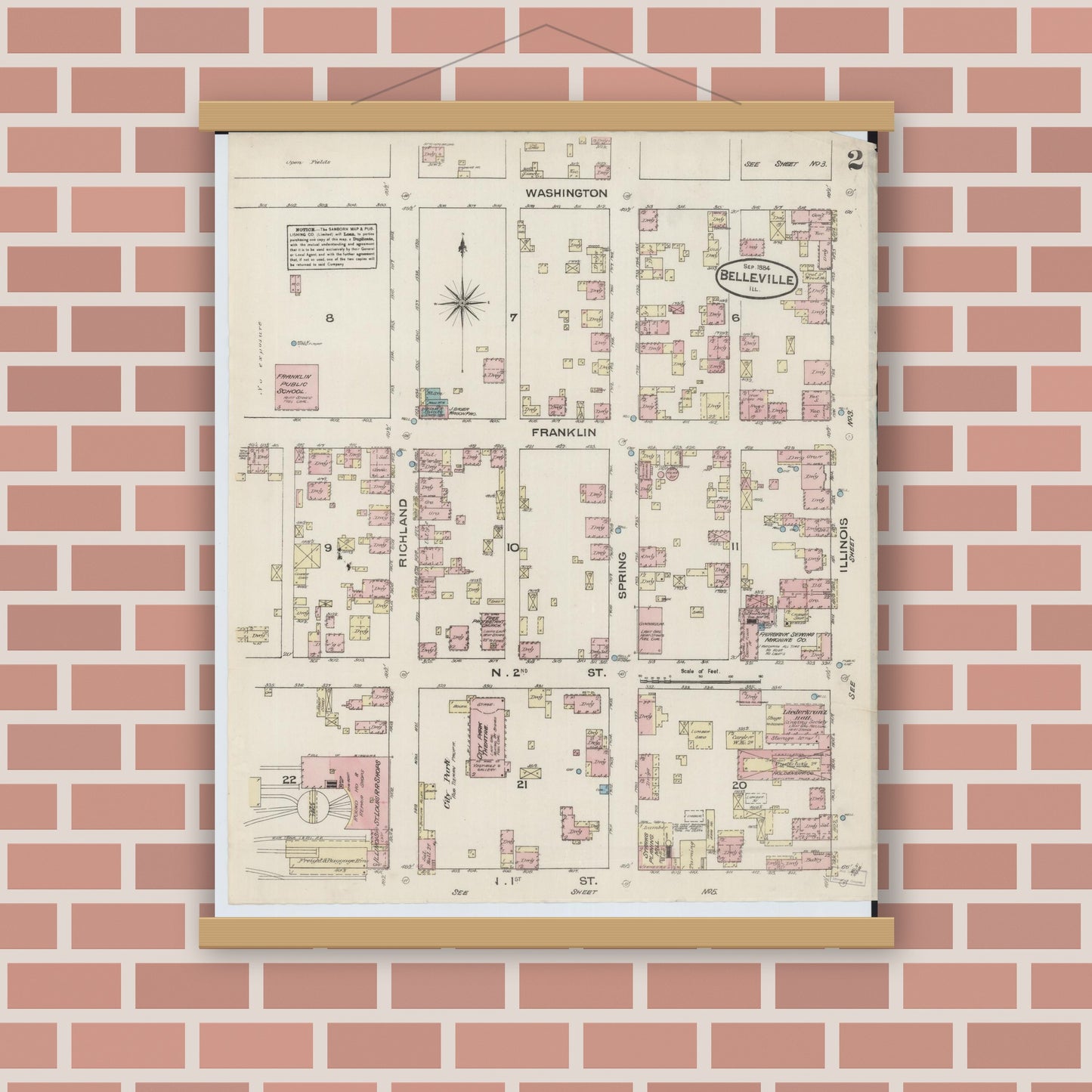 Old map wall art mockup — magnetic wood frame on brick wall — Sanborn Fire Insurance Map from Belleville, Saint Clair County, Illinois (1884), Sheet #0002