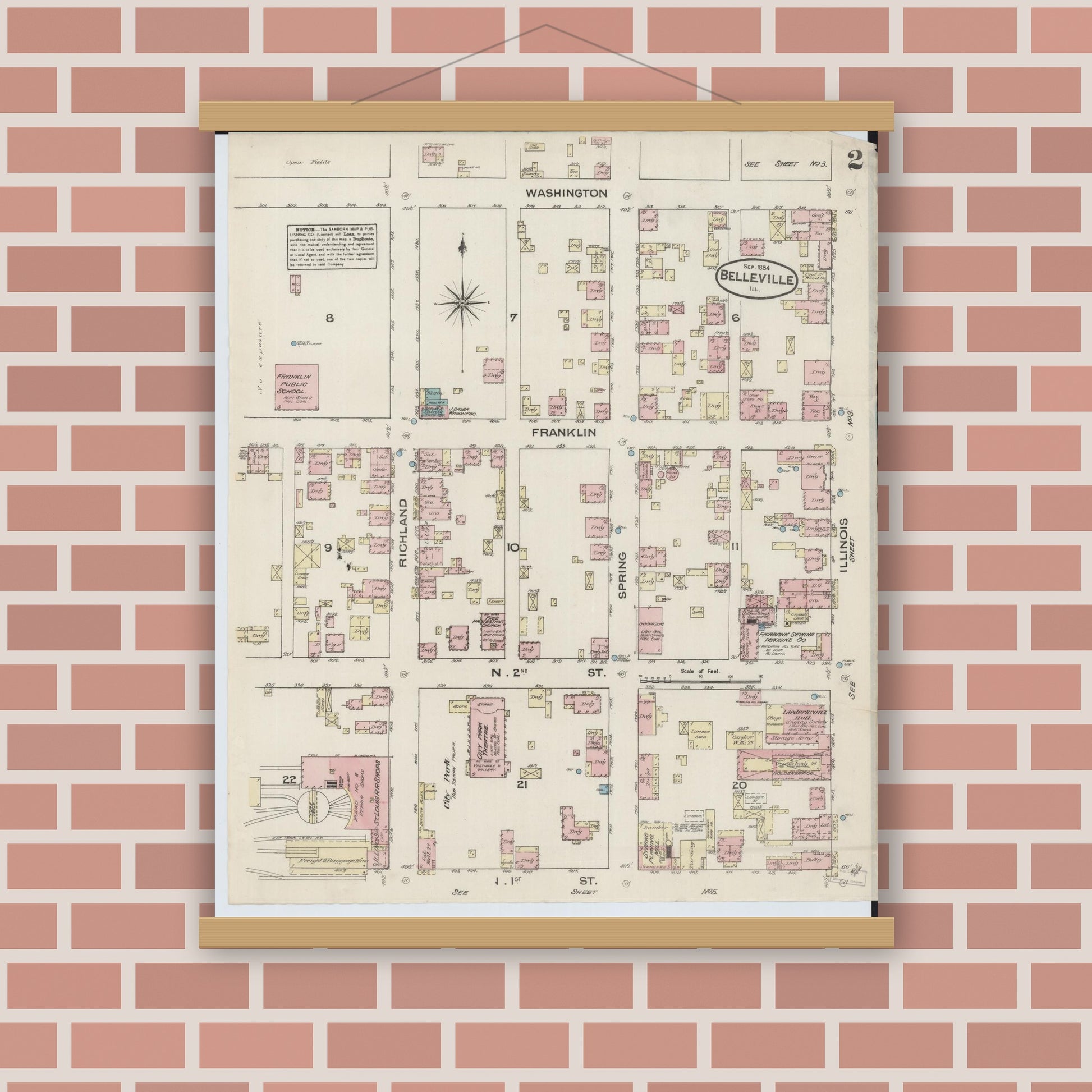 Old map wall art mockup — magnetic wood frame on brick wall — Sanborn Fire Insurance Map from Belleville, Saint Clair County, Illinois (1884), Sheet #0002