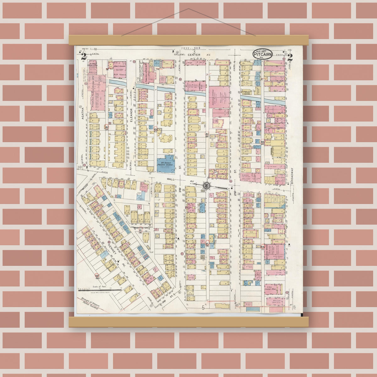 Old map wall art mockup — magnetic wood frame on brick wall — Sanborn Fire Insurance Map from Pitcairn, Allegheny County, Pennsylvania (1948), Sheet #0002