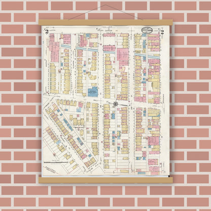 Old map wall art mockup — magnetic wood frame on brick wall — Sanborn Fire Insurance Map from Pitcairn, Allegheny County, Pennsylvania (1948), Sheet #0002