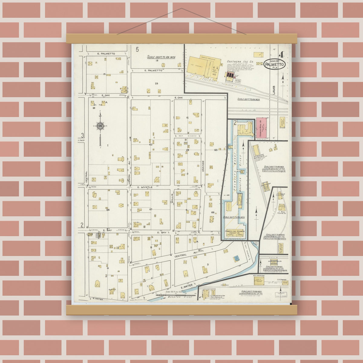 Old map wall art mockup — magnetic wood frame on brick wall — Sanborn Fire Insurance Map from Palmetto, Manatee County, Florida (1917), Sheet #0004