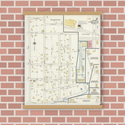 Old map wall art mockup — magnetic wood frame on brick wall — Sanborn Fire Insurance Map from Palmetto, Manatee County, Florida (1917), Sheet #0004