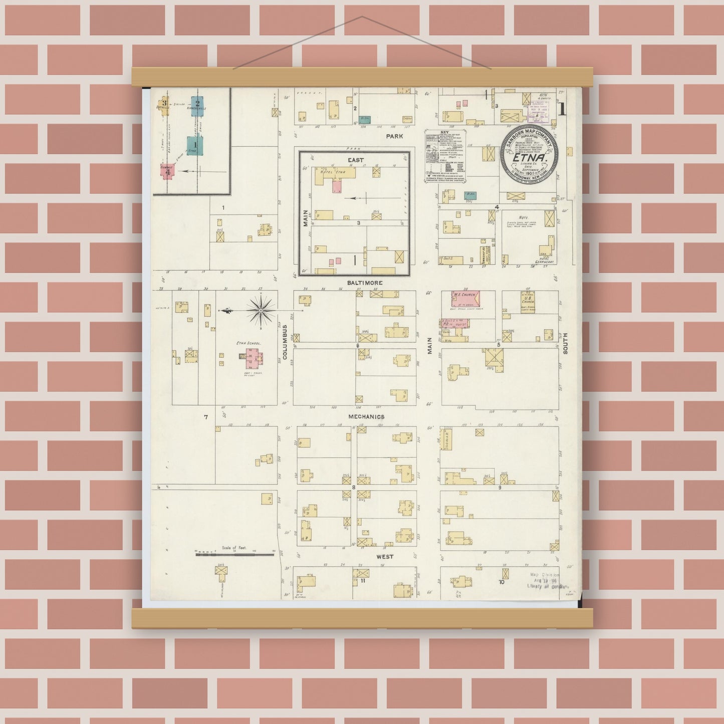 Old map wall art mockup — magnetic wood frame on brick wall — Sanborn Fire Insurance Map from Etna, Luking County, Ohio (1905) - Complete Map Set