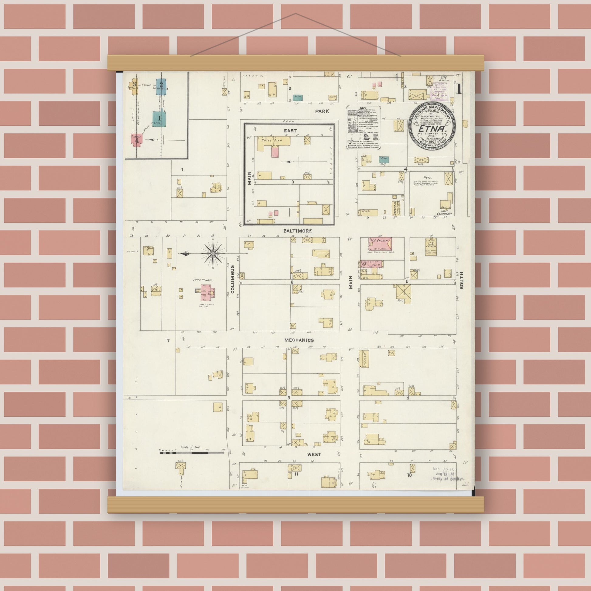 Old map wall art mockup — magnetic wood frame on brick wall — Sanborn Fire Insurance Map from Etna, Luking County, Ohio (1905) - Complete Map Set