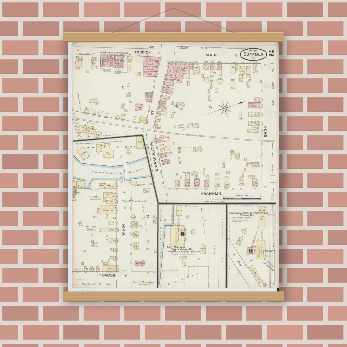 Old map wall art mockup — magnetic wood frame on brick wall — Sanborn Fire Insurance Map from Suffolk, Independent Cities, Virginia (1888), Sheet #0002
