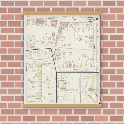 Old map wall art mockup — magnetic wood frame on brick wall — Sanborn Fire Insurance Map from Suffolk, Independent Cities, Virginia (1888), Sheet #0002