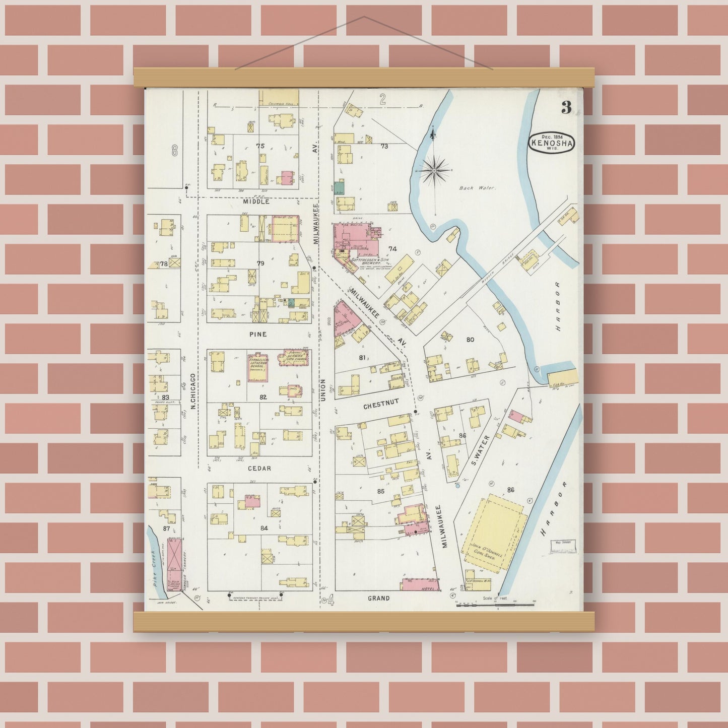 Old map wall art mockup — magnetic wood frame on brick wall — Sanborn Fire Insurance Map from Kenosha, Kenosha County, Wisconsin (1894), Sheet #0003