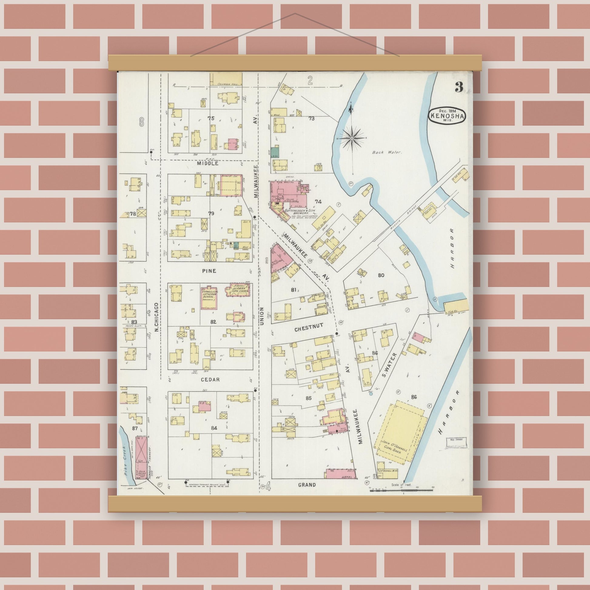 Old map wall art mockup — magnetic wood frame on brick wall — Sanborn Fire Insurance Map from Kenosha, Kenosha County, Wisconsin (1894), Sheet #0003