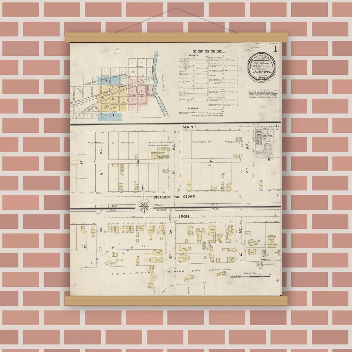 Old map wall art mockup — magnetic wood frame on brick wall — Sanborn Fire Insurance Map from Hurley, Iron County, Wisconsin (1888), Sheet #0001