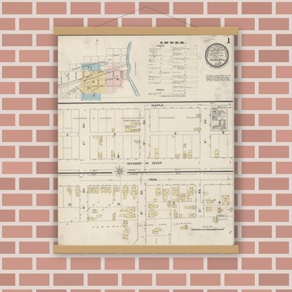 Old map wall art mockup — magnetic wood frame on brick wall — Sanborn Fire Insurance Map from Hurley, Iron County, Wisconsin (1888), Sheet #0001