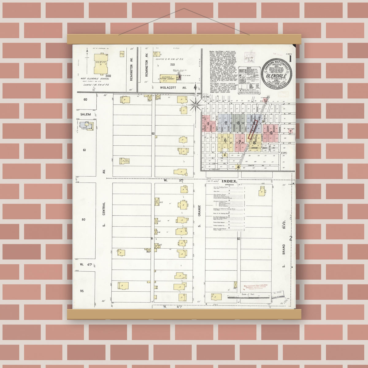 Old map wall art mockup — magnetic wood frame on brick wall — Sanborn Fire Insurance Map from Glendale, Los Angeles County, California (1908), Sheet #0001