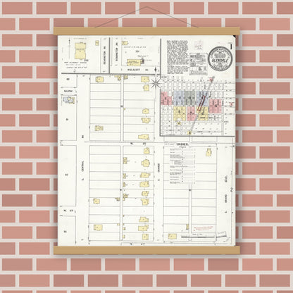 Old map wall art mockup — magnetic wood frame on brick wall — Sanborn Fire Insurance Map from Glendale, Los Angeles County, California (1908), Sheet #0001