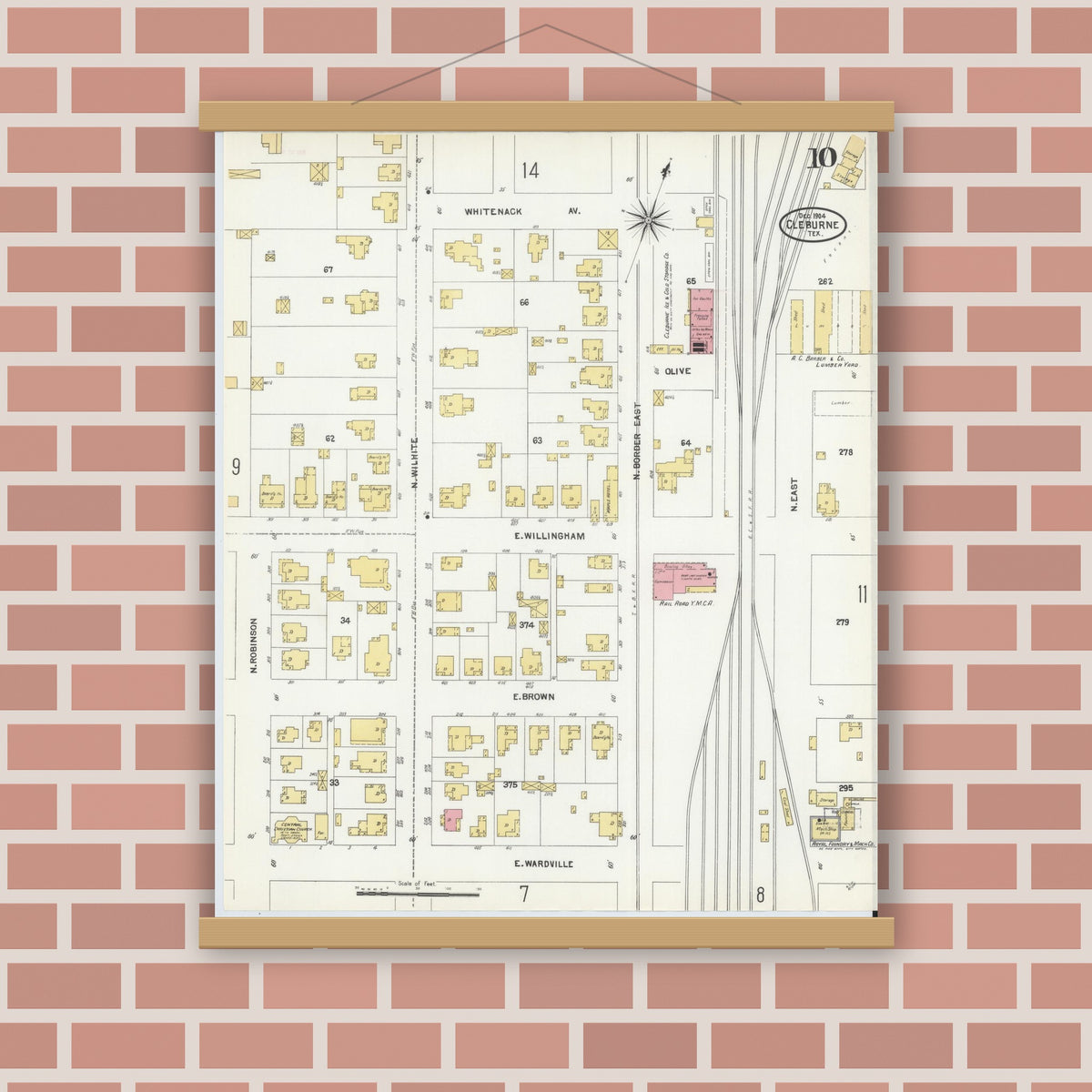 Old map wall art mockup — magnetic wood frame on brick wall — Sanborn Fire Insurance Map from Cleburne, Johnson County, Texas (1904), Sheet #0010