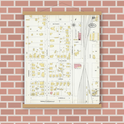 Old map wall art mockup — magnetic wood frame on brick wall — Sanborn Fire Insurance Map from Cleburne, Johnson County, Texas (1904), Sheet #0010