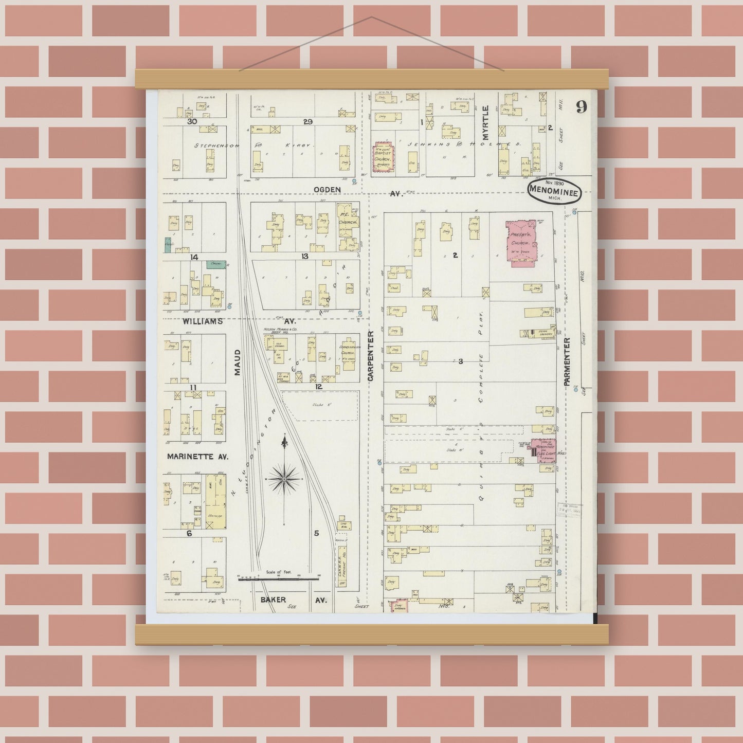 Old map wall art mockup — magnetic wood frame on brick wall — Sanborn Fire Insurance Map from Menominee, Menominee County, Michigan (1890), Sheet #0009