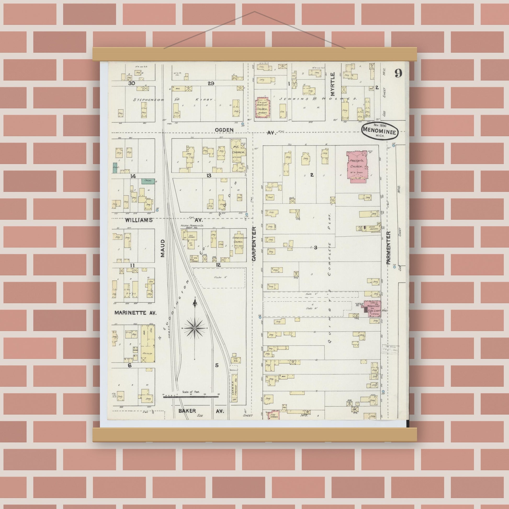 Old map wall art mockup — magnetic wood frame on brick wall — Sanborn Fire Insurance Map from Menominee, Menominee County, Michigan (1890), Sheet #0009
